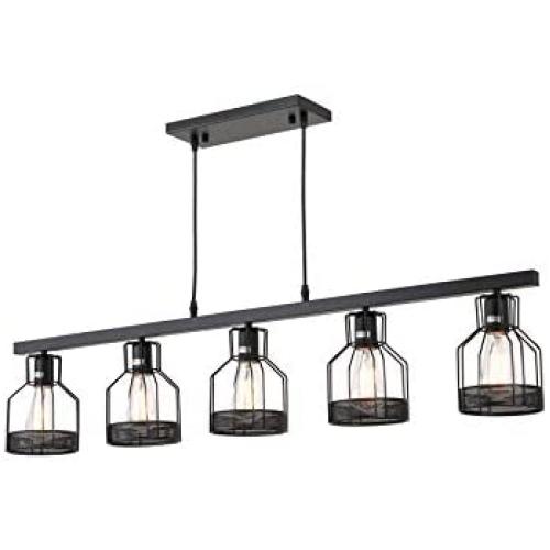 5-Light Industrial Pendant Lighting, Metal Caged Vintage Hanging Pendant Light, Rustic Pendant Light Fixture for Kitchen Dining Room, E26 Base Edison Island Lights(Bulb Not Included)