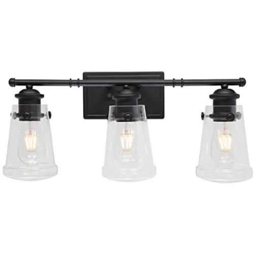 VINLUZ Farmhouse 3-Lights Vanity Lighting Fixtures for Bathroom Matte Black with Tapered Clear Glass Wall Mount Light Industrial Rustic Lights Wall Lighting Living Room Dining Room Bedroom