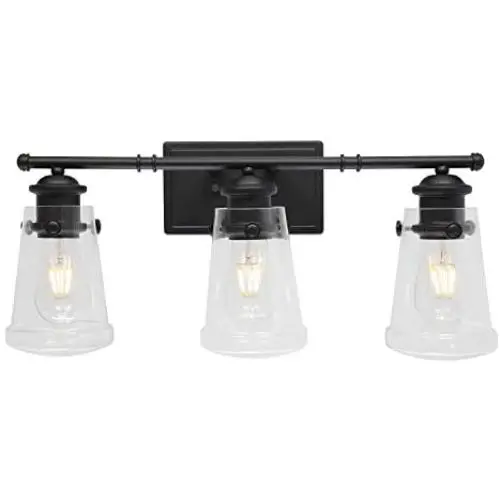 VINLUZ Farmhouse 3-Lights Vanity Lighting Fixtures for Bathroom Matte Black with Tapered Clear Glass Wall Mount Light Industrial Rustic Lights Wall Lighting Living Room Dining Room Bedroom VINLUZ Farmhouse 3-Lights Vanity Lighting Fixtures for Bathroom Matte Black with Tapered Clear Glass Wall Mount Light Industrial Rustic Lights Wall Lighting Living Room Dining Room Bedroom