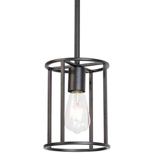 VINLUZ 1-Light Fixture Contemporary Modern Pendant Lighting Black Metal Cage Chandelier Round, Rustic Kitchen Island Lights Fixtures Ceiling Hanging Dining Room Bed Room Hallway
