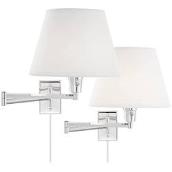 Clement Modern Swing Arm Wall Lamps Set of 2 Sleek Chrome Plug-in Light Fixture White Linen Empire Shade for Bedroom Bedside Living Room Reading - 360 Lighting