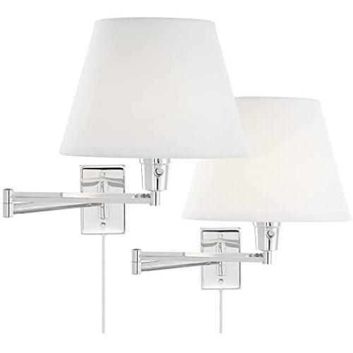 Clement Modern Swing Arm Wall Lamps Set of 2 Sleek Chrome Plug-in Light Fixture White Linen Empire Shade for Bedroom Bedside Living Room Reading - 360 Lighting
