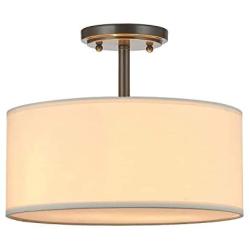 LED Fabric Drum Shade semi Flush Mount Ceiling Light PS Diffuser with Black Finish, Off White Fabric Chandeliers Shade for Bar, Dining Room, Corridor,Living Room.12.25'' 2 Light