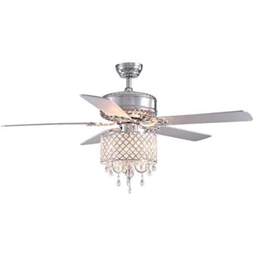 SILJOY 52”Reverse Ceiling Fan with Lights and Remote, Modern Design Chandelier Fan, Elegant Indoor Crystal Fan Light Kit for Bedroom Dining Room, 5 Wood Blades, Polished Chrome