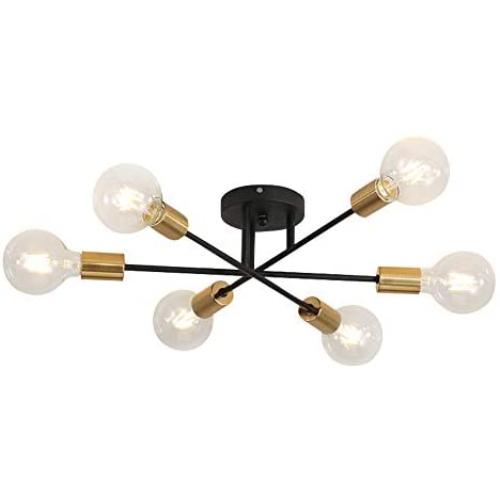 6 Lights Semi Flush Mount Ceiling Light Fixture Contemporary Sputnik Chandelier Black Farmhouse Kitchen Lighting for Dining Room Living Room Bedroom Foyer