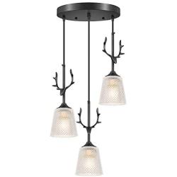 Vintage 3-Light Pendant Lighting, Adjustable Deer Head Hanging Lights with Glass Shade, Farmhouse Kitchen Island Ceiling Light Fixture for Dining Room Living Room Attic Cafe Bar, Black Metal Fixture