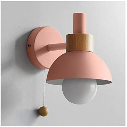 JMG Wall Sconce Lighting Fixture, Modern Nordic Wall Lamp, Metal and Wooden with Pull Switch Bedside Reading Wall Light for Bedroom, Living Room, Aisle, Corridor,Pink
