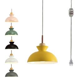 STGLIGHTING Swag Plug-in Pendant Light Wooden Handle Pendant Light with 15ft Plug-in UL On/Off Dimmer Switch Cord Macaron Yellow Lampshade Loft Style Lamps for Dining Room Bulbs Not Included