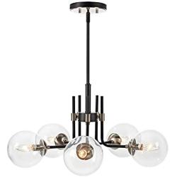 MOTINI 5-Light Sputnik Chandelier with Clear Glass 5LT Modern Pendant Geometric Light Rod Hanging Lighting Indoor 27''x 27''x11'', Black/Brushed Nickel