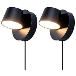 VILUXY Modern LED Bedside Wall Sconce Plug-in Cord with Switch Lighting Fixture 350 Rotation Adjustment Black Wall Lamp for Bedroom 6W 3000K 2 Pack