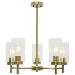 VINLUZ Modern 5 Light Chandeliers with Clear Glass Shade Antiqued Brass Pendant Lighting Farmhouse Hanging Light Fixtures Ceiling for Dining Room Living Room