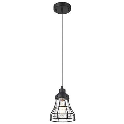 VICNIE 1-Light Mini Pendant Light, Farmhouse Hanging Light Fixture with Adjustable Cords, Seeded Glass Shade, Metal Frame, Black Finish for Kitchen Islands, Dining Room