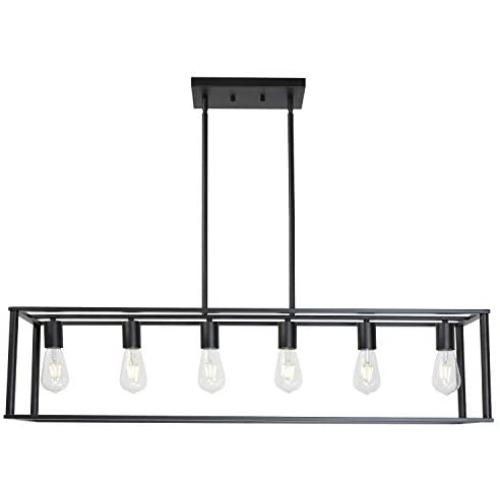 BONLICHT 6 Light Rectangle Chandelier Contemporary Farmhouse Linear Pendant Lighting Black Industrial Vintage Kitchen Island Metal Cage Ceiling Light Fixtures for Living Room Dining Room