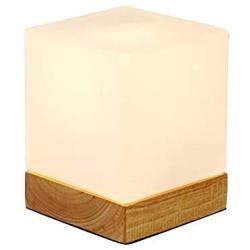 IJ INJUICY Modern E27 LED Glass Lampshade Cube Wood Desk Accent Lamps Square Wooden Base Table Lights Bedside for Reading Living Room Study Bedroom Cafe Bar Balcony Decoration
