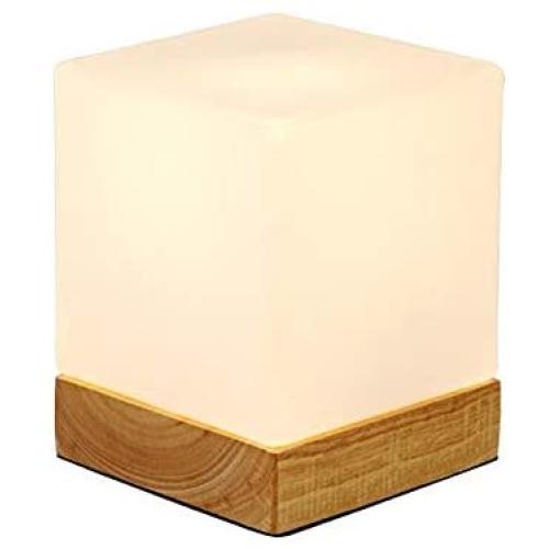 IJ INJUICY Modern E27 LED Glass Lampshade Cube Wood Desk Accent Lamps Square Wooden Base Table Lights Bedside for Reading Living Room Study Bedroom Cafe Bar Balcony Decoration