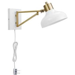 Globe Electric Berkeley 1-Light Plug-In or Hardwire Swing Arm Wall Sconce, White, Brass Accents, White Cloth Cord 51344