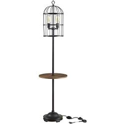 ROSEN GARDEN Wrought Iron Bird Cage Floor Lamp with Side Table, Metal Standing Lamp, Reading Vertical Lamp for Living Room Bedroom, Black Matte