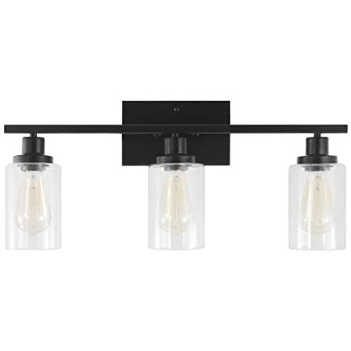 Vanity Light Fixtures ,3-Lights Farmhouse Wall Lighting Indoor Light Fixture, Modern Industrial Wall Sconce with Clear Glass Shade and Metal Base for Bedroom Living Room