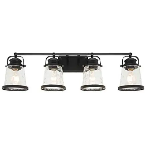 Lucidce Farmhouse Bath Vanity Light 4 Heads Black Wall Sconces with Hammered Glass,Rustic Exterior Bathroom Lighting Fixture Over Mirror Industrial Vintage Wall Mount lamp for Living Room Hallway