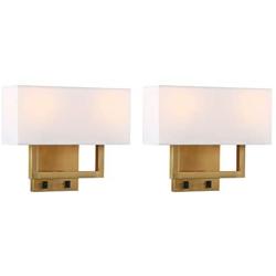 Permo Set of 2 Single Wall Sconce with Twin Head and Twin On/Off Switch Button Living Room Bedside Nightstand Light Fixture with White Textile Shades (Antique)