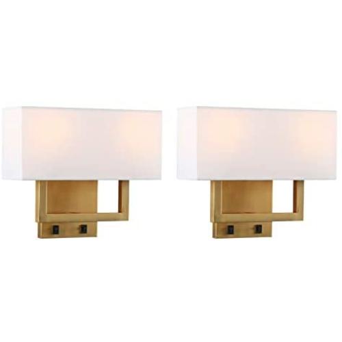 Permo Set of 2 Single Wall Sconce with Twin Head and Twin On/Off Switch Button Living Room Bedside Nightstand Light Fixture with White Textile Shades (Antique)