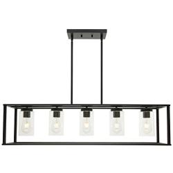 XINCAN 5-Light Farmhouse Chandelier Contemporary Industrial Rectangle Dining Room Lighting Fixture Black Modern Ceiling Lighting Kitchen Island Cage Pendant Lights with Clear Glass Shade