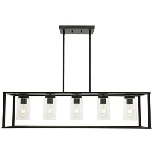 XINCAN 5-Light Farmhouse Chandelier Contemporary Industrial Rectangle Dining Room Lighting Fixture Black Modern Ceiling Lighting Kitchen Island Cage Pendant Lights with Clear Glass Shade