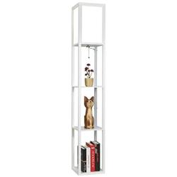 Garwarm LED Shelf Floor Lamp -Asian Wooden Frame-Tall Lights with Organizer Storage Display Shelves-Modern Standing Lamps for Living Room Bedrooms,White