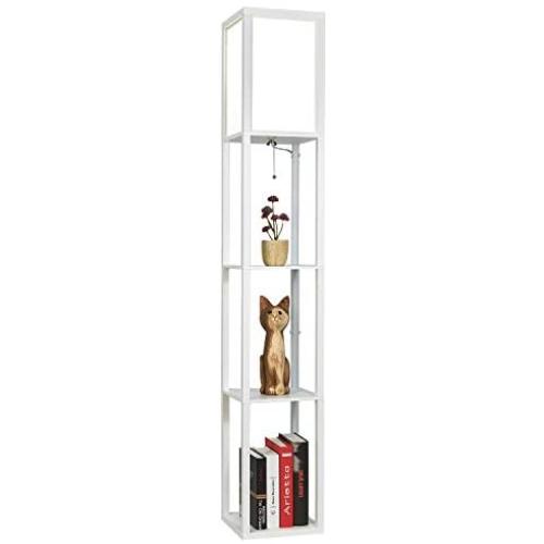 Garwarm LED Shelf Floor Lamp -Asian Wooden Frame-Tall Lights with Organizer Storage Display Shelves-Modern Standing Lamps for Living Room Bedrooms,White
