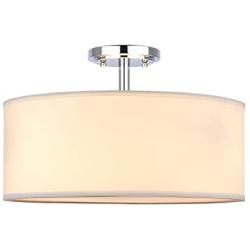 Doraimi 3-Light(16''Dia) Fabric Drum Shade semi Flush Mount + PS Diffuser with Chrome Finish,Off White Fabric Shade for Bar, Dining Room, Corridor,Living Room.LED Bulb(not Include)