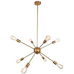 8-Light Gold Sputnik Chandelier, Adjustable Modern Ceiling Haning Light Semi Flush Mount Pendant Light Fixture for Dining Room Kitchen Island Living Room Bedroom, Antique Gold Changable