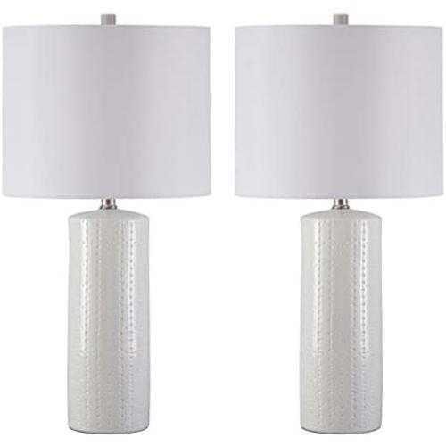 Signature Design by Ashley - Steuben Textured Ceramic Table Lamp - Drum Shades - Set of 2 - Solid White