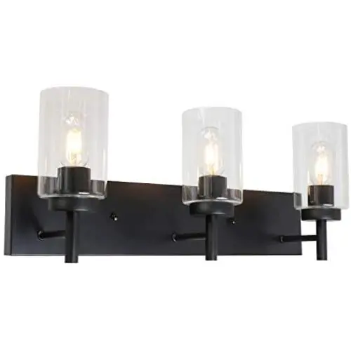 VINLUZ Vanity Bathroom Light Fixture Black 3 Lights Rustic Wall Sconce Lighting with Clear Glass Shade Vintage Porch Wall Lamp Bedroom Living Room VINLUZ Vanity Bathroom Light Fixture Black 3 Lights Rustic Wall Sconce Lighting with Clear Glass Shade Vintage Porch Wall Lamp Bedroom Living Room