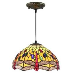 LITFAD Vintage Tiffany Style Pendant Light Colorful Dragonfly Glass Lamp Shade in Dome Shaped, 12'' Wide Pendant Lamp Highlights Art Decoration Chandelier for Kitchen Living Room Barn Restaurant - B