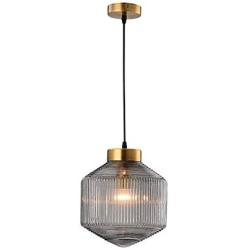 CraftThink Pendant Lighting Chandelier Fixture Nordic Drum Amber Ribbed Glass in Brass 1 Light Ceiling Suspension Lamp LED Hanging Lamp for Coffee Dining Living Room Bedroom Restaurant Hotel-Smoke