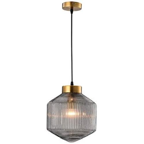 CraftThink Pendant Lighting Chandelier Fixture Nordic Drum Amber Ribbed Glass in Brass 1 Light Ceiling Suspension Lamp LED Hanging Lamp for Coffee Dining Living Room Bedroom Restaurant Hotel-Smoke