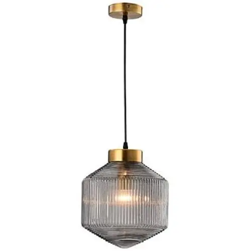CraftThink Pendant Lighting Chandelier Fixture Nordic Drum Amber Ribbed Glass in Brass 1 Light Ceiling Suspension Lamp LED Hanging Lamp for Coffee Dining Living Room Bedroom Restaurant Hotel-Smoke