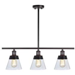 Rustic Glass Kitchen Island Lighting, Clear Seeded Glass Linear Chandelier, 3 Lights Adjustable Rod Industrial Pendant Light Fixture for Kitchen Island Dining Room Farmhouse, Oil Rubbed Bronze