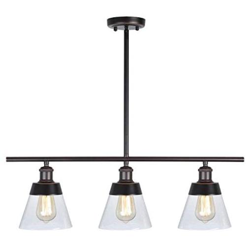 Rustic Glass Kitchen Island Lighting, Clear Seeded Glass Linear Chandelier, 3 Lights Adjustable Rod Industrial Pendant Light Fixture for Kitchen Island Dining Room Farmhouse, Oil Rubbed Bronze