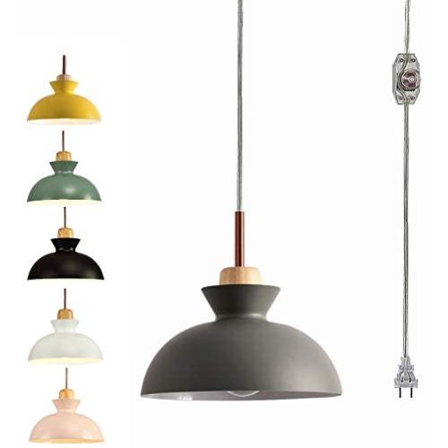 STGLIGHTING Wooden Socket Pendant Light with 15ft Plug-in UL On/Off Dimmer Switch Cord Macaron Grey Lampshade Light Fixtures Nordic Minimalist Loft Style Lamps for Dining Room Bulbs Not Included