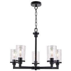 VINLUZ Farmhouse Chandelier 5 Light Pendant Light for Dining Room in Matte Black Finish with Clear Glass Shade Rustic Metal Kitchen Island Lighting Fixture Ceiling for Bedroom Foyer Cafe Bar Corridor