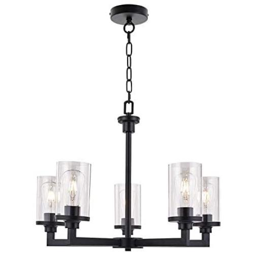 VINLUZ Farmhouse Chandelier 5 Light Pendant Light for Dining Room in Matte Black Finish with Clear Glass Shade Rustic Metal Kitchen Island Lighting Fixture Ceiling for Bedroom Foyer Cafe Bar Corridor