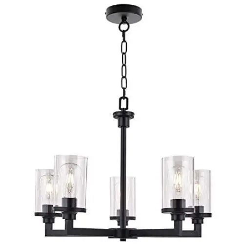 VINLUZ Farmhouse Chandelier 5 Light Pendant Light for Dining Room in Matte Black Finish with Clear Glass Shade Rustic Metal Kitchen Island Lighting Fixture Ceiling for Bedroom Foyer Cafe Bar Corridor