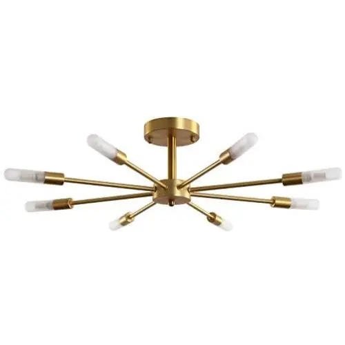 Semi Flush Ceiling Vintage Brushed Gold Light Fixture, Palacelantern Electroplated Brass 8 Lights Industrial Sputnik Chandelier for Kitchen Dining Living Room Bedroom Lighting