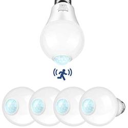 Motion Sensor Light Bulbs Outdoor, Boxlood Indoor Movement Activated LED Bulbs, 5000K Daylight 12W(100W Equivalent) A19 E26, Dusk to Dawn Security Bulbs for Entrance Porch Stairs Garage Closet, 4Pack