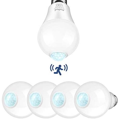 Motion Sensor Light Bulbs Outdoor, Boxlood Indoor Movement Activated LED Bulbs, 5000K Daylight 12W(100W Equivalent) A19 E26, Dusk to Dawn Security Bulbs for Entrance Porch Stairs Garage Closet, 4Pack