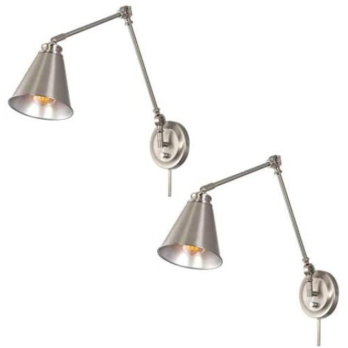 Kira Home Ellis 18'' Vintage Industrial Swing Arm Wall Lamp + Adjustable Head, Plug in/Wall Mount + Cord Covers, Brushed Nickel Finish, 2-Pack
