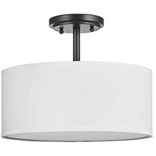 LED Fabric Drum Shade semi Flush Mount Ceiling Light PS Diffuser with Black Finish, Off White Fabric Chandeliers Shade for Bar, Dining Room, Corridor,Living Room.12.25'' 2 Light