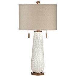 Kingston Mid Century Modern Table Lamp White Ceramic Taupe Drum Shade for Living Room Bedroom Bedside Nightstand Office Family - Possini Euro Design
