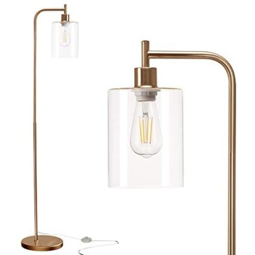 Addlon LED Floor Lamp, with Hanging Glass Lamp Shade and LED Bulb for Bedroom and Living Room, Modern Standing Industrial Lamp Tall Pole Lamp for Office, Brass Gold